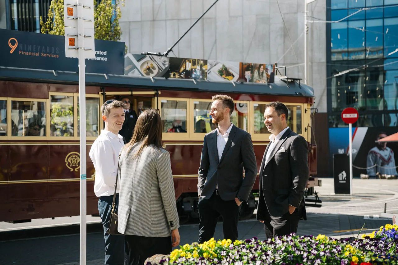 The 9 Yards team beside a Christchurch heritage tram, from left: Robbie Staniford, Ella Shanks, Mitch van der Weert and Jonathan Liong